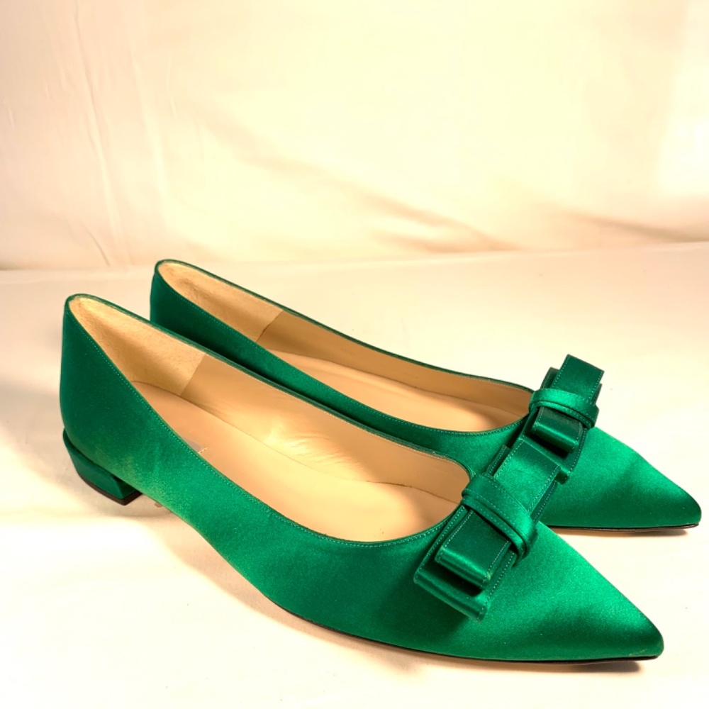 LK Bennett Pointed-Toe Flats in Emerald Green Satin with Bow Detail size 41/10.5 - Picture 4 of 12